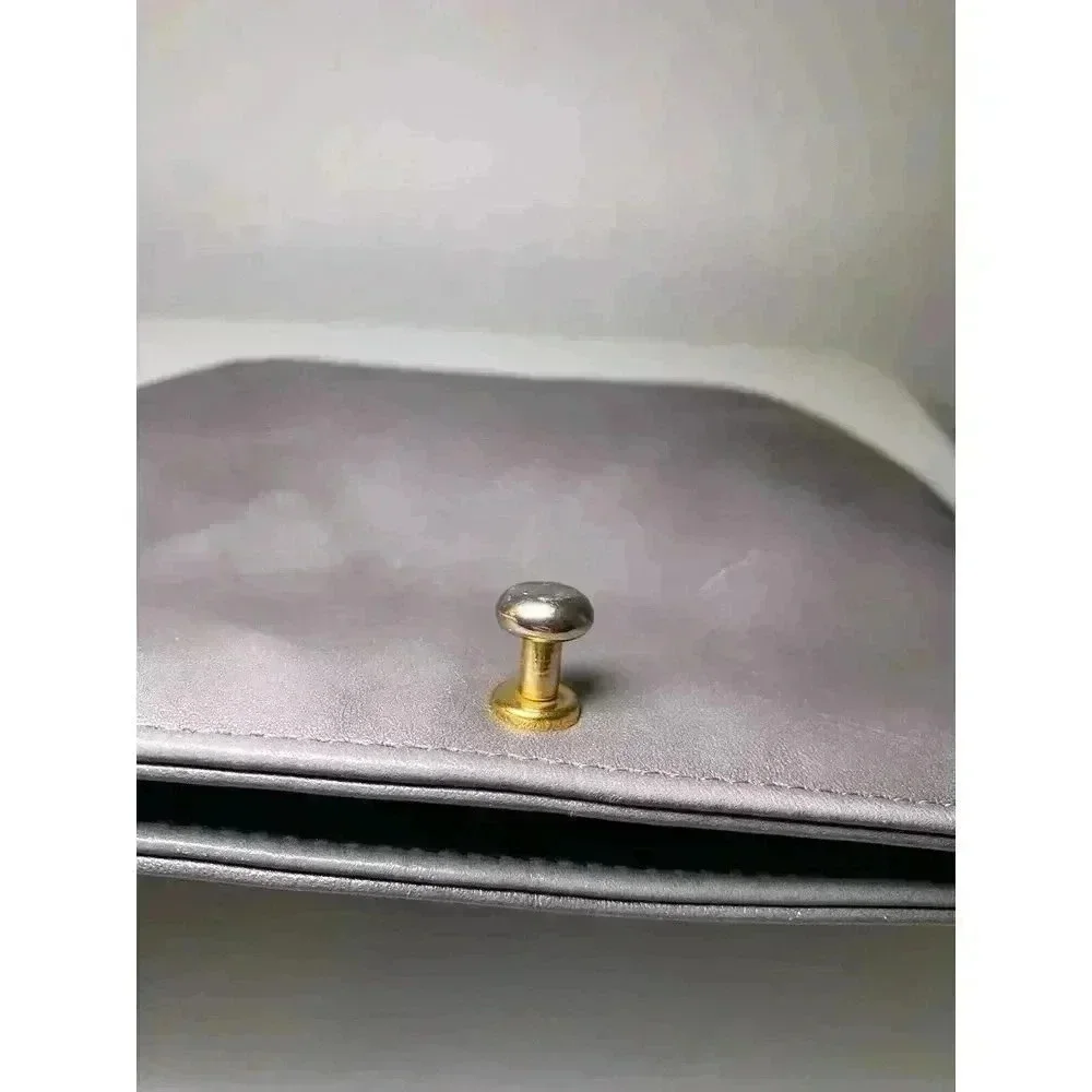 Vintage Ruth Saltz 70s Gray Leather Clutch Bag Silver Tone Lion Emblem No Strap